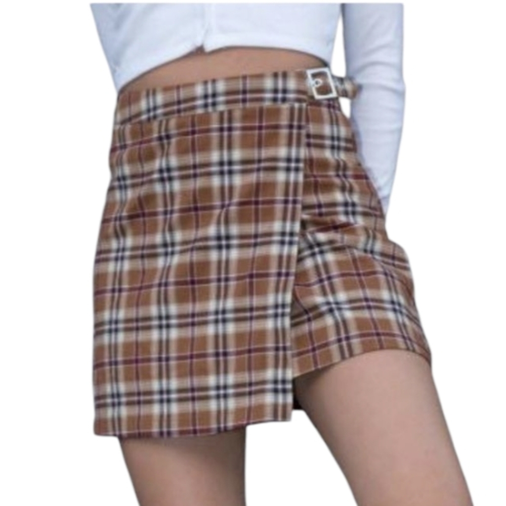 Brandy Melville Emersen Brown White Burgundy Plaid A-Line Skirt With Buckle